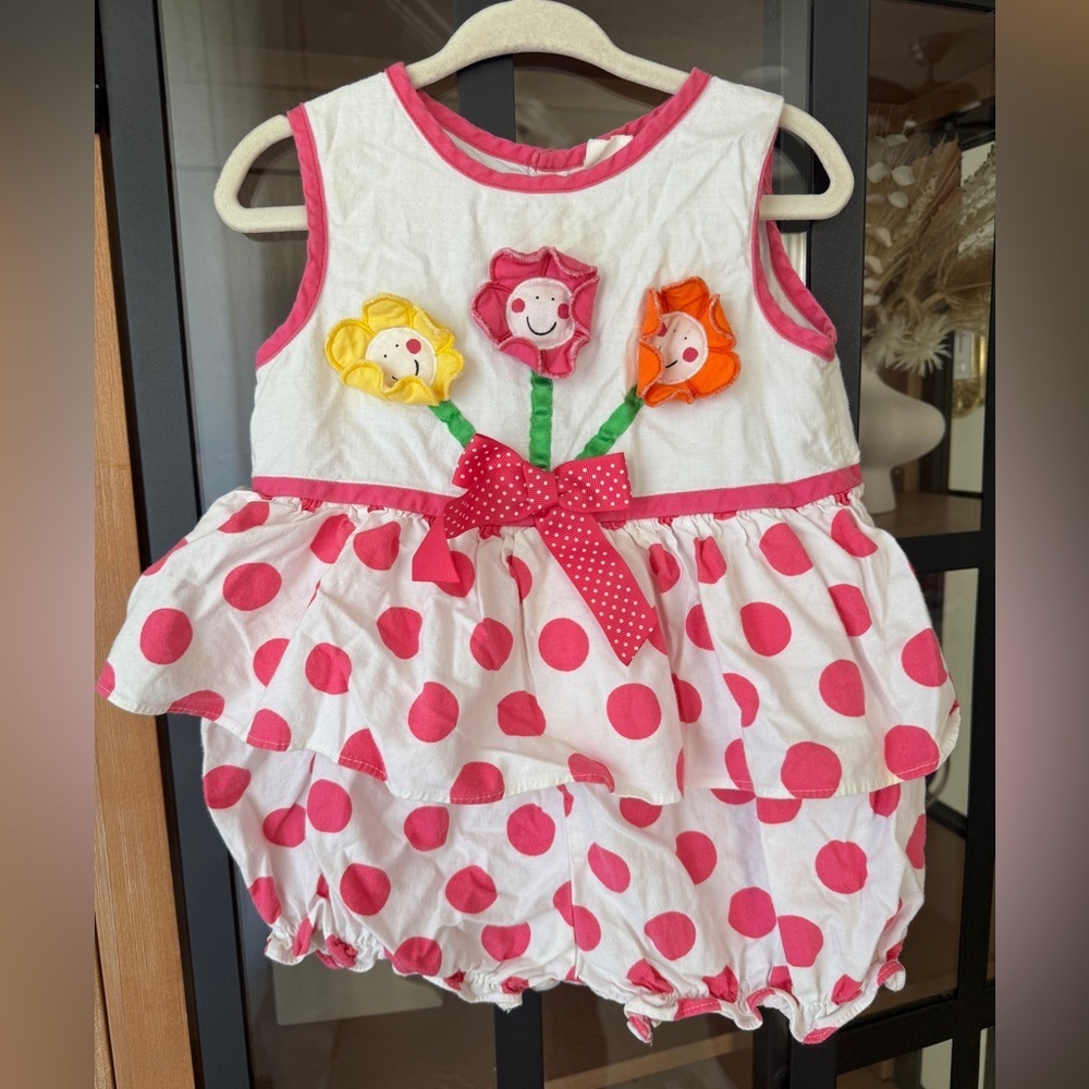 Vintage 90s Bubble romper flowers 3D applique embroidered polka dots baby girl